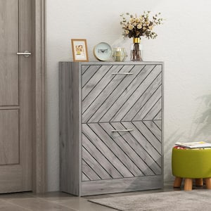 Gray Wood Grain Shoe Storage Cabinet with 2-Drawers and 4-Compartments Max Up To 12-Pair