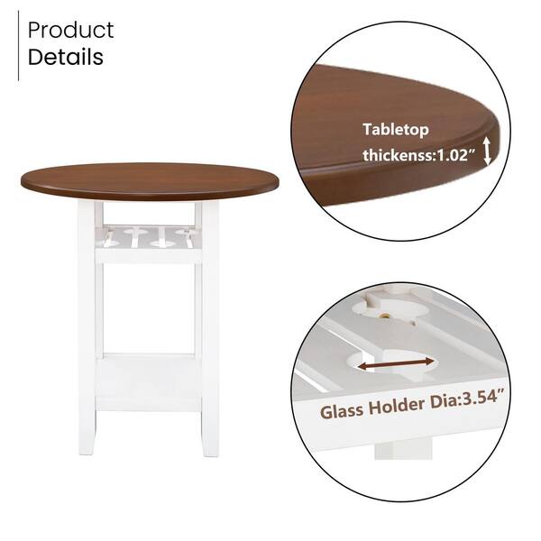 Utopia 4niture Diego 36 In Round Cherry White Wooden Dining Table With Glass Holder Seats 2 Hawf2969aak The Home Depot