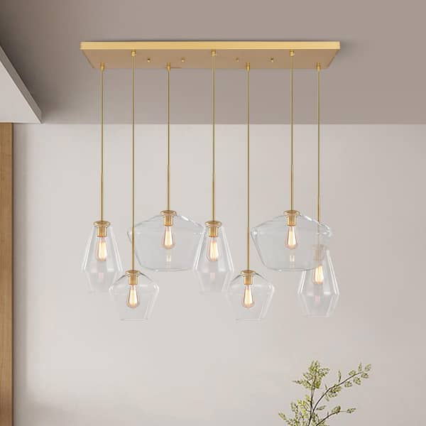 7-Light Vintage Gold Cluster, Cylinder, Linear, Rectangle Geometric, Island, Shaded Chandelier with Unique Clear Glass