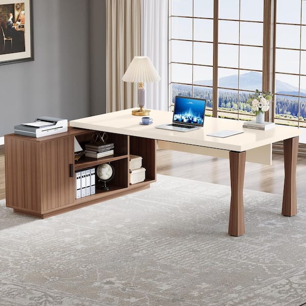 Halseey 79 in. L Shaped Cream White and Walnut Wood Executive Desk with Cabinet, Large Computer Desk Home Office Desk