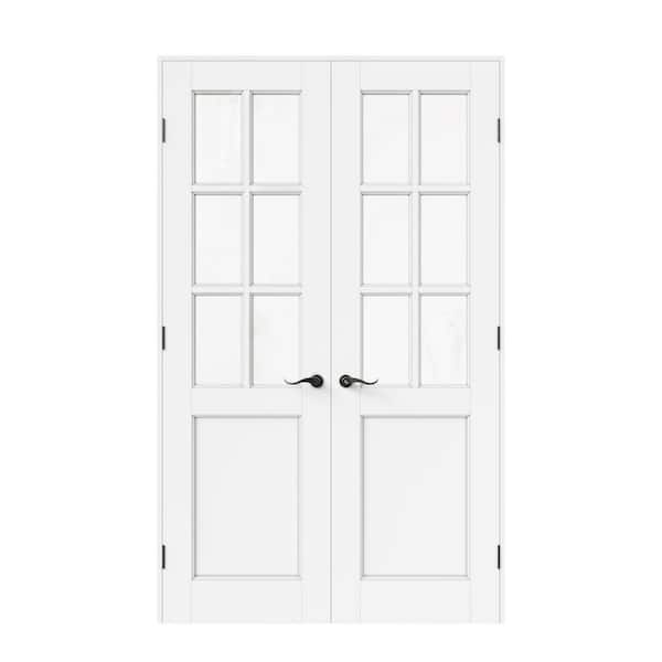 48 in. x 80 in. 6-Lite Clear Glass Universal White Solid Core Wood Double Prehung French Door+ Separate Jamb and Lockset