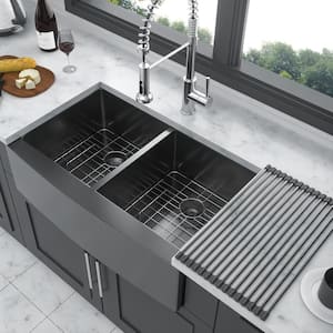 36 in. Farmhouse/Apron-Front Double Bowl (50/50) 16 Gauge Gunmetal Black Stainless Steel Kitchen Sink with Bottom Grids