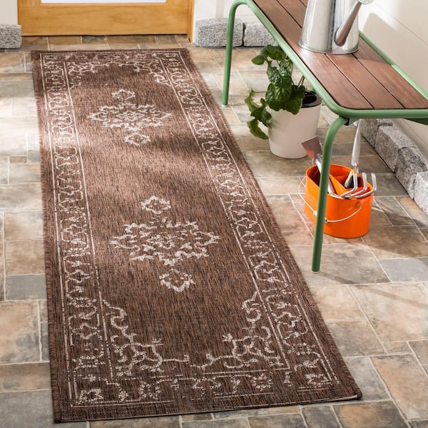 Courtyard Brown/Beige 2 ft. x 8 ft. Border Ornate Indoor/Outdoor Runner Rug