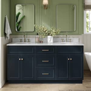 Hamlet 67 in. W x 22 in. D x 35.25 Double Sink Freestanding Bath Vanity in Midnight Blue with Carrara White Marble Top