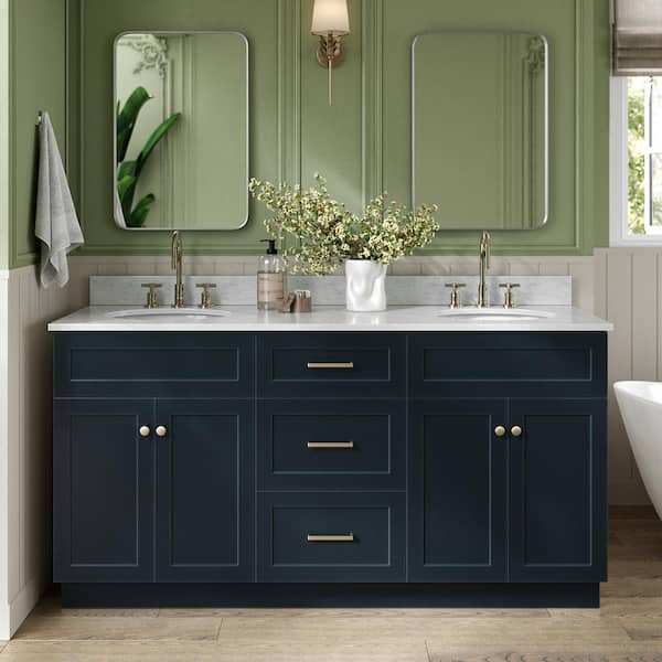 ARIEL Hamlet 67 in. W x 22 in. D x 35.25 Double Sink Freestanding Bath Vanity in Midnight Blue with Carrara White Marble Top