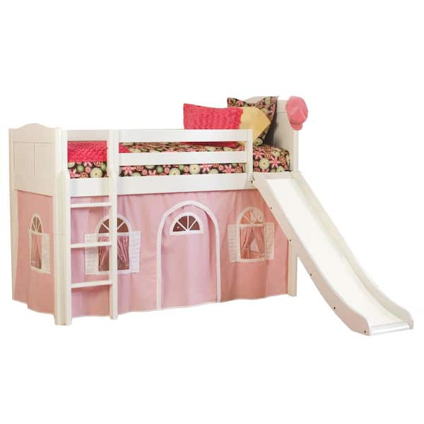 Bolton Furniture Cottage White Twin Low Loft Bed with Pink and White Bottom Curtain and Slide