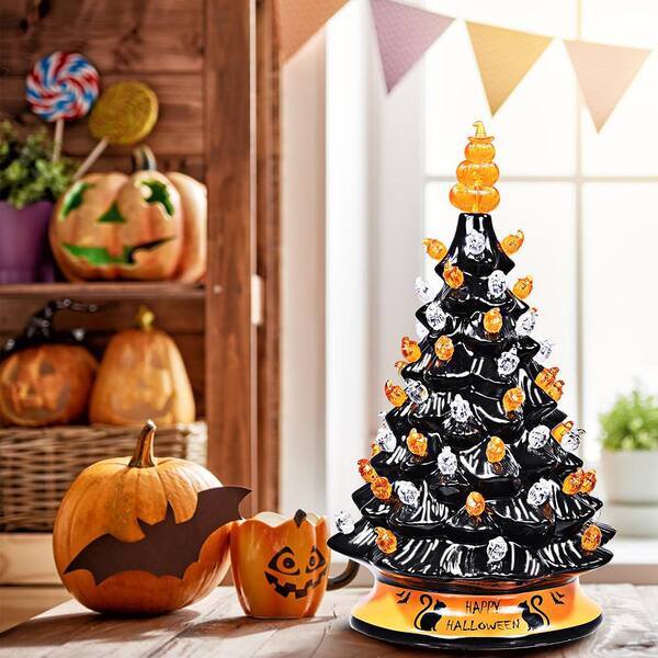 Ceramic Pre-Lit Halloween Tree 15" Black Cat Tabletop w/ Orange & Purple Lights 