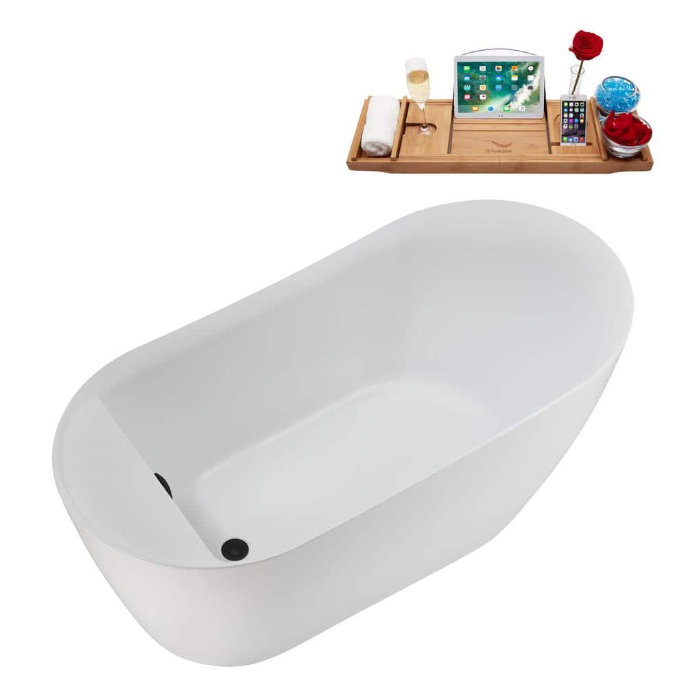 59" Glossy White Acrylic Freestanding Soaking Bathtub with Matte Black Trim