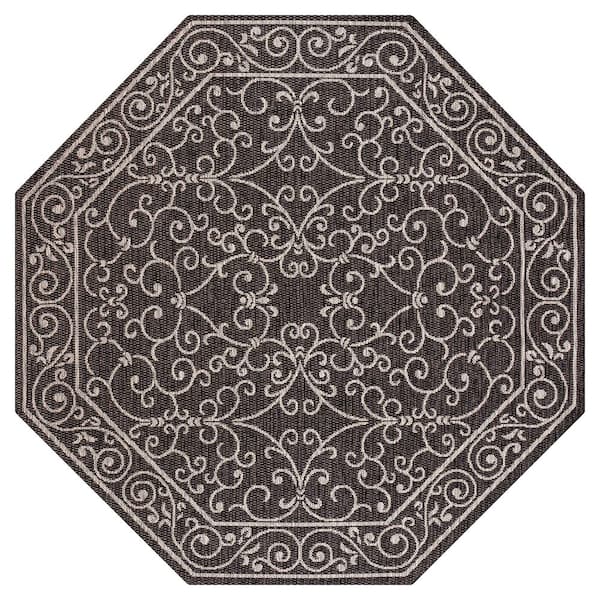 Charleston Vintage Filigree Textured Weave Black/Gray 5 ft. Octagon Indoor/Outdoor Area Rug