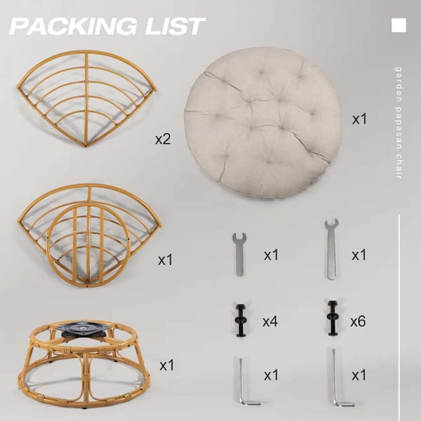 Wicker Outdoor Patio Swivel Papasan Lounge Chair with Beige Cushion