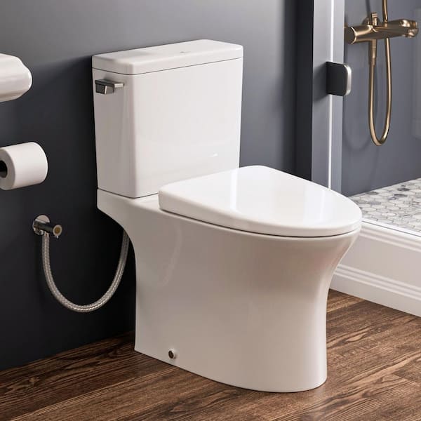 Elongated Rear Outlet Toilet 16.5" Swirl Flush, White 2-Piece Back Discharge 7" Rough-In Soft-Close, Two Extension Pipes