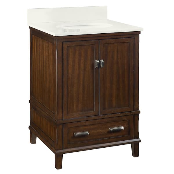 Dorel Living Irving 24 in. W Bath Vanity in Dark Walnut with Soft White Engineered Stone Vanity Top w/ Pre-Installed Porcelain Basin