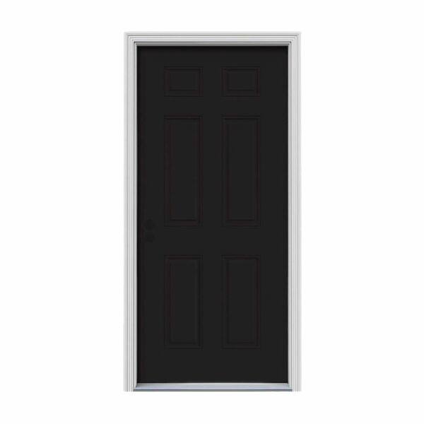 JELD-WEN 32 in. x 80 in. 6-Panel Black Painted w/ White Interior Steel Prehung Right-Hand Inswing Front Door w/Brickmould