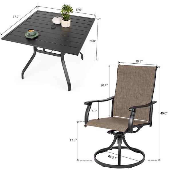 5-Piece Metal Outdoor Patio Dining Set with Square Table and Swivel Textilene Chairs in Brown