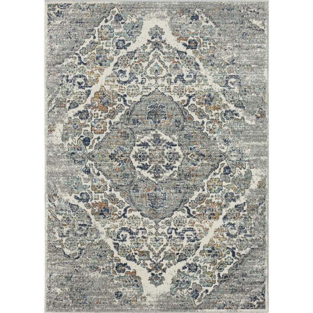 Victoria Collection Distressed Steel 8x10 Oriental Floral Polypropylene