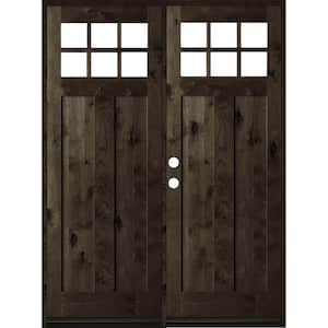 64 in. x 96 in. Craftsman Knotty Alder Right-Hand Inswing Double 6-Lite Clear Glass Black Stain Wood Prehung Front Door