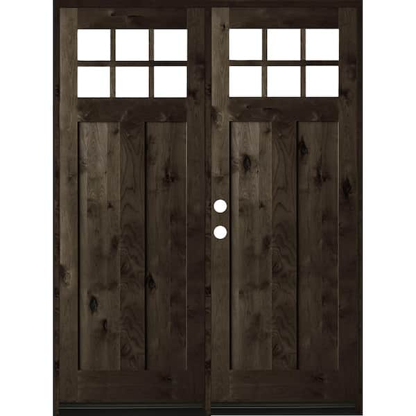 Krosswood Doors 64 in. x 96 in. Craftsman Knotty Alder Right-Hand Inswing Double 6-Lite Clear Glass Black Stain Wood Prehung Front Door