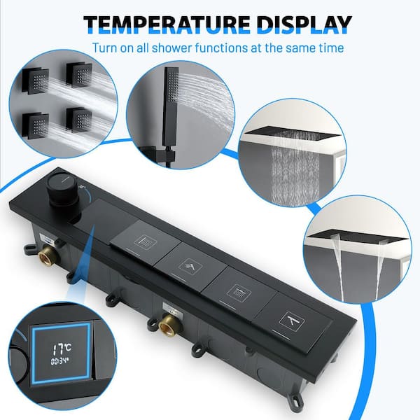 5-Spray Dual Ceiling Mount Fixed and Handheld Shower Head 1.59 GPM in Matte Black Thermostatic Shower System 4 Body Jet
