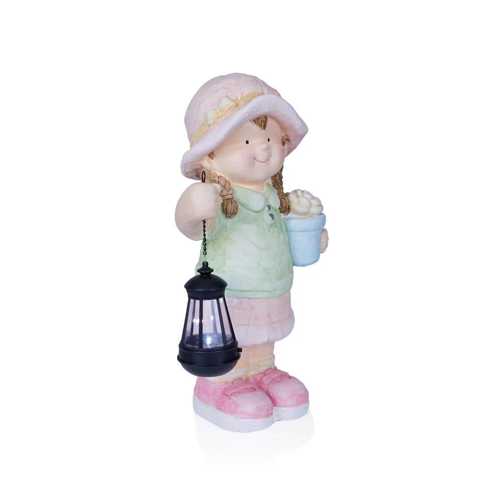 17" Tall Girl Holding Lantern Solar LED Light Statue