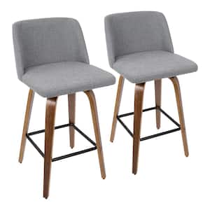 Toriano 26 in. Walnut and Grey Fabric Counter Stool with Black Square Footrest (Set of 2)