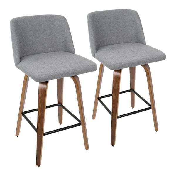 Lumisource Toriano 26 in. Walnut and Grey Fabric Counter Stool with Black Square Footrest (Set of 2)