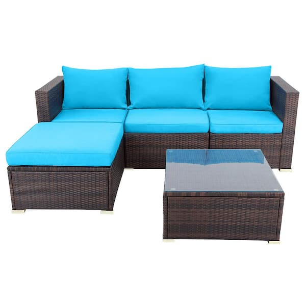 maocao hoom 5-Piece Brown Wicker Patio Conversation Set with Blue Cushions
