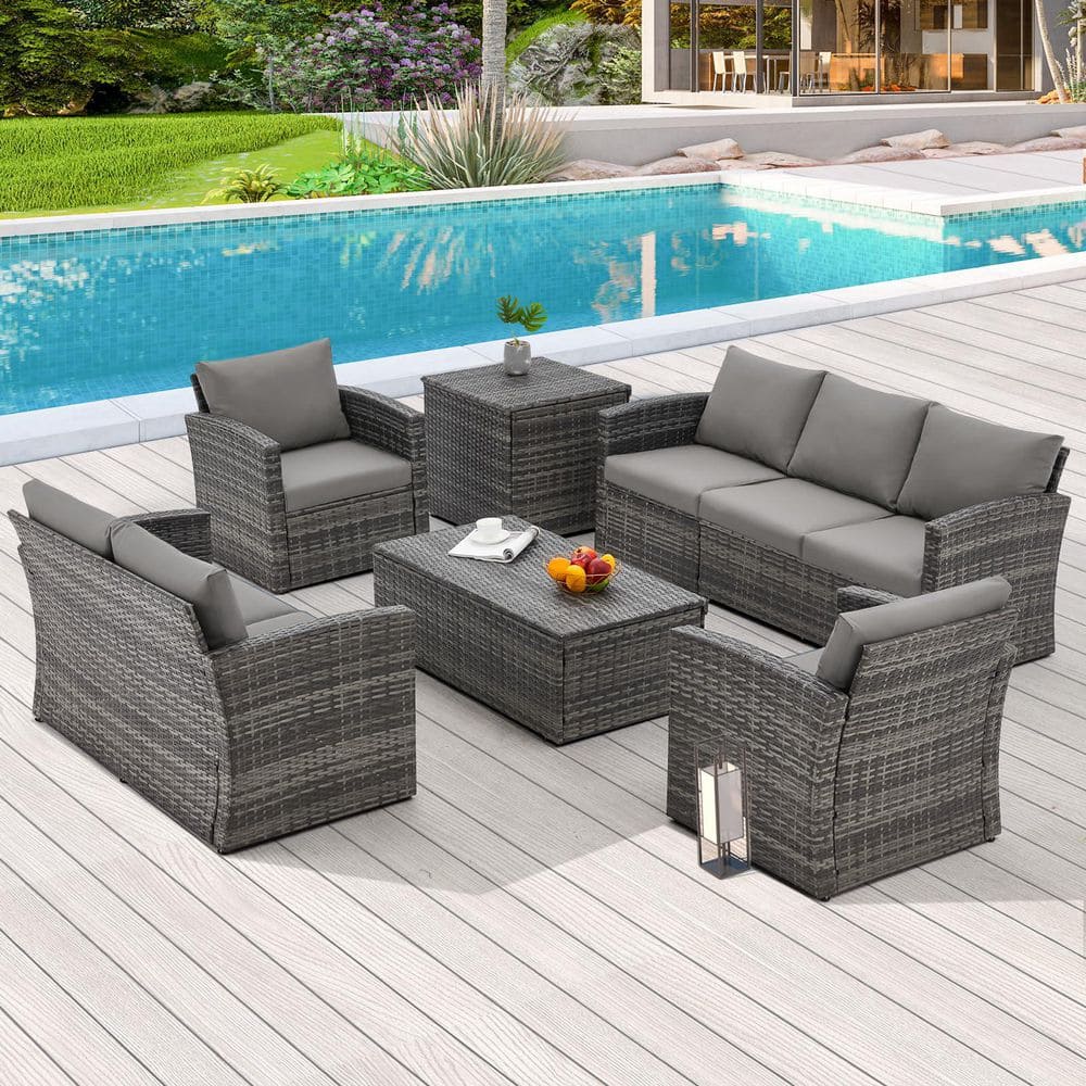 Sudzendf 7-Piece Wicker Outdoor Sectional Set with Gray Cushions