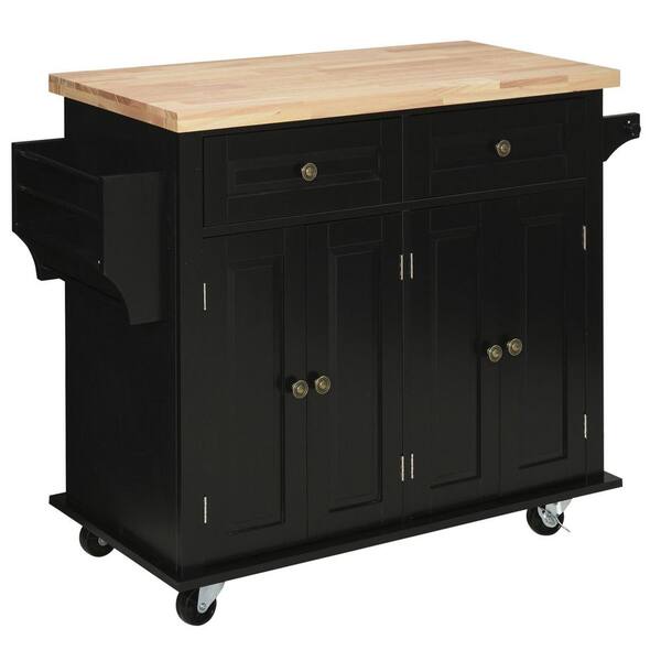 Black Wood 43.75 in. Rolling Kitchen Island with Rubberwood Top, Spice Rack and Drawers