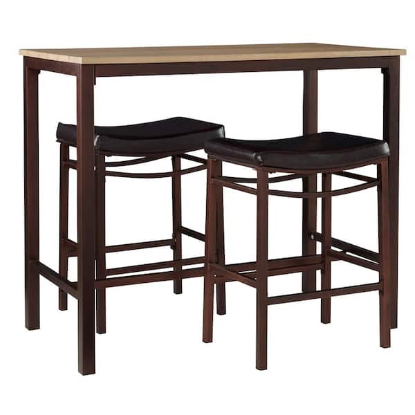 Linon Home Decor Betty Three Piece Pub Set with Brown Metal Base and Rustic Blonde Top
