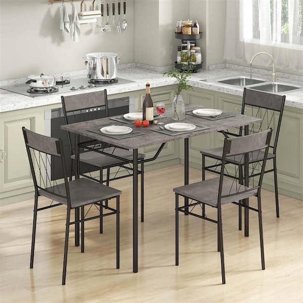 Costway 5-Piece Cement Gray + Black MDF Top Dining Room Set Seats 4