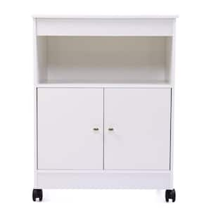 White Wood Kitchen Cabinet Microwave Cart with 4-Universal Wheels and Roomy Inner Space