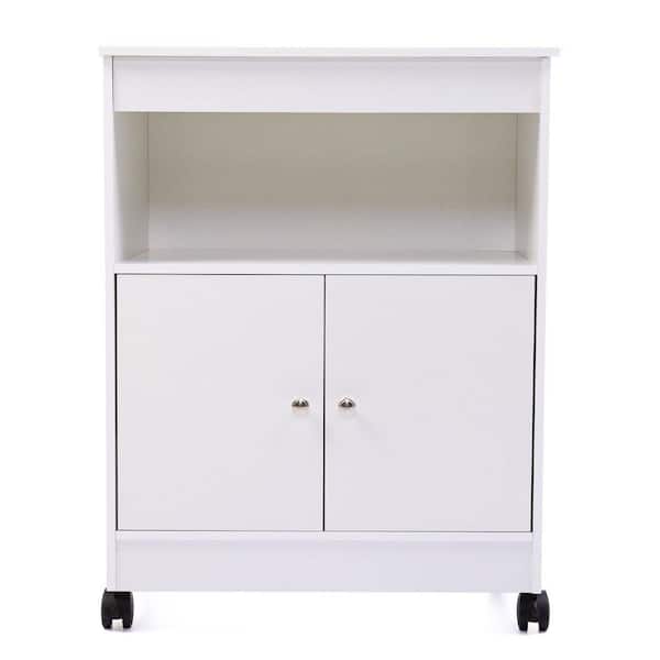 Numhew White Wood Kitchen Cabinet Microwave Cart with 4-Universal Wheels and Roomy Inner Space