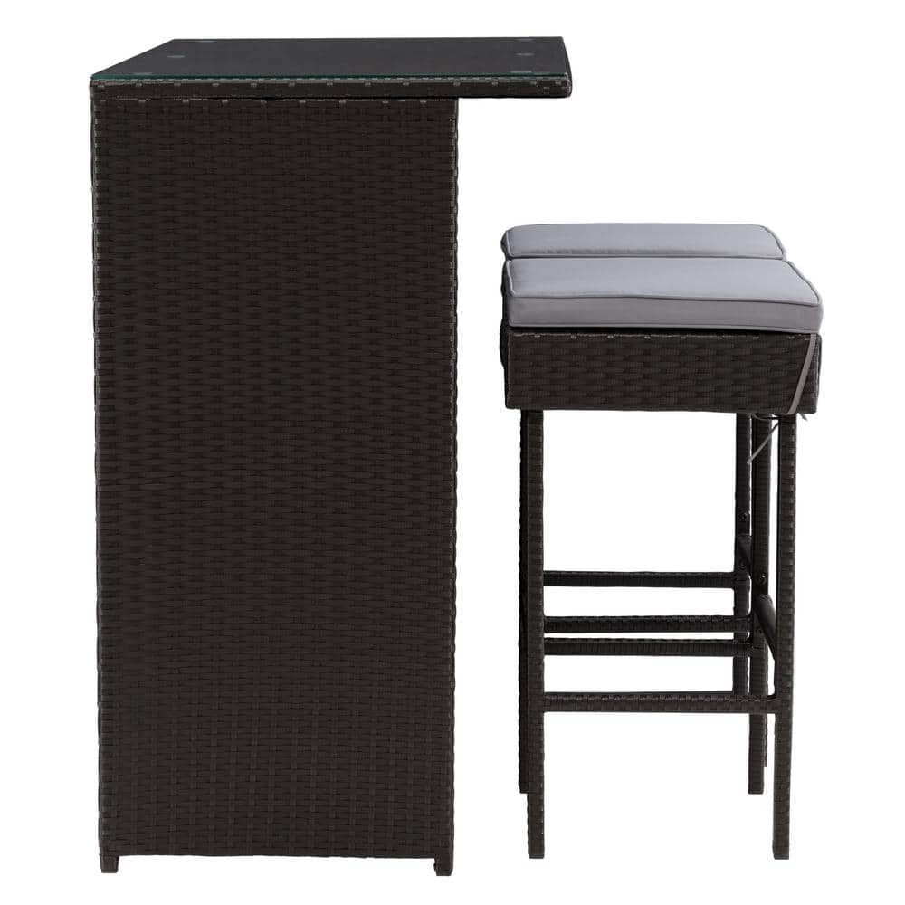 Parksville Black Resin Wicker and Steel Patio Bar Set with Grey Cushions