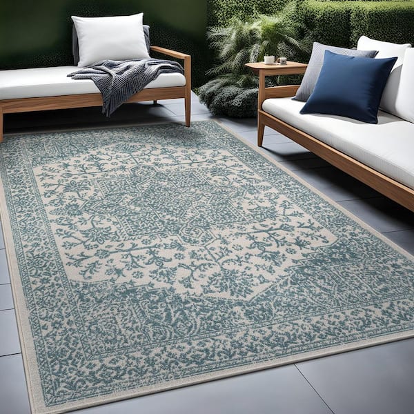 Athena Teal 8 ft. x 10 ft. Rubber Back Washable Oriental Border Indoor Outdoor Patio Area Rug