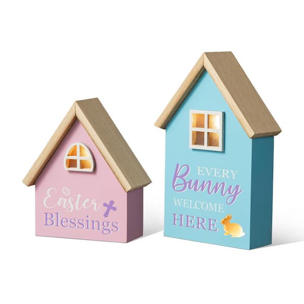 6 in. /8 in. H (Set of 2) Lighted Easter Wooden House-shaped Table Decor