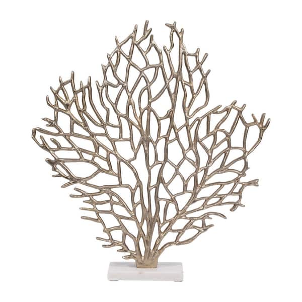 Liv & Skye Gold 19 in. x 21 in. Metal Coral On Marble Base Sculpture