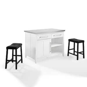 Silvia White Kitchen Island with Stainless Steel Top and Upholstered Stools