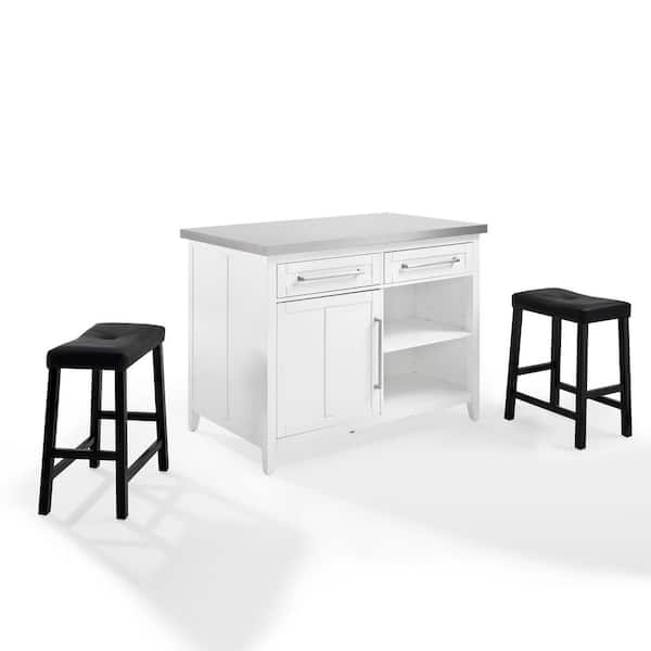 CROSLEY FURNITURE Silvia White Kitchen Island with Stainless Steel Top and Upholstered Stools