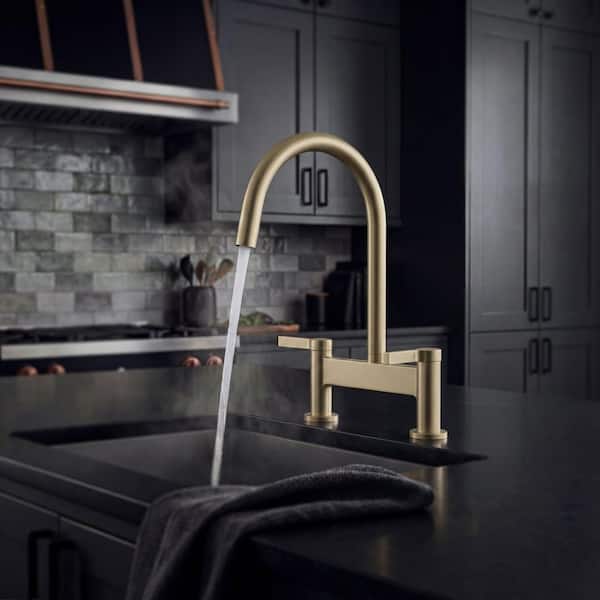 Modern Double-Handle 2-Hole Bridge Kitchen Faucet with 360° Swivel Spout in Brushed Gold