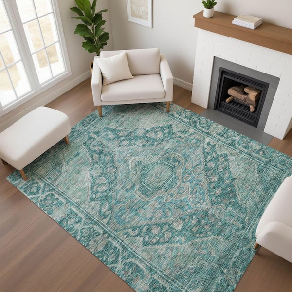 Mayfield Premium Machine Washable Abstract AMF1761 Teal 5 ft. x 7 ft. 6 in. Area Rug