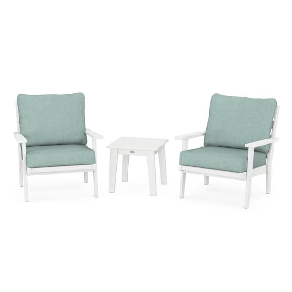 POLYWOOD Grant Park White 3-Piece Plastic Patio Conversation Deep Seating Set with Glacier Spa Cushions