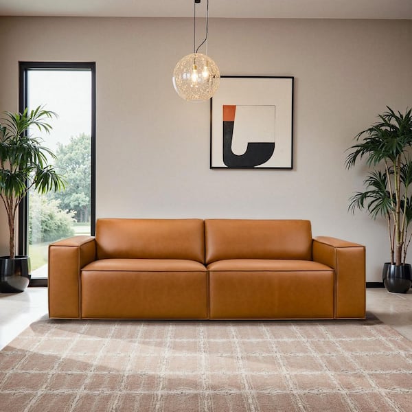 Wilmington 92.5 in. Square Arm Faux Leather Mid-Century Modern Rectangle Comfy Design Sofa in. Cognac