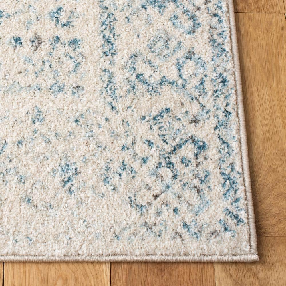 Ivory and Turquoise Geometric Hand-Knotted Runner Rug