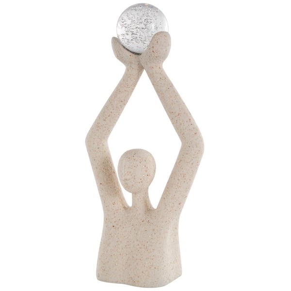 Litton Lane Cream Polystone Abstract Textured People Sculpture with Clear Glass Ball and Gold Speckles
