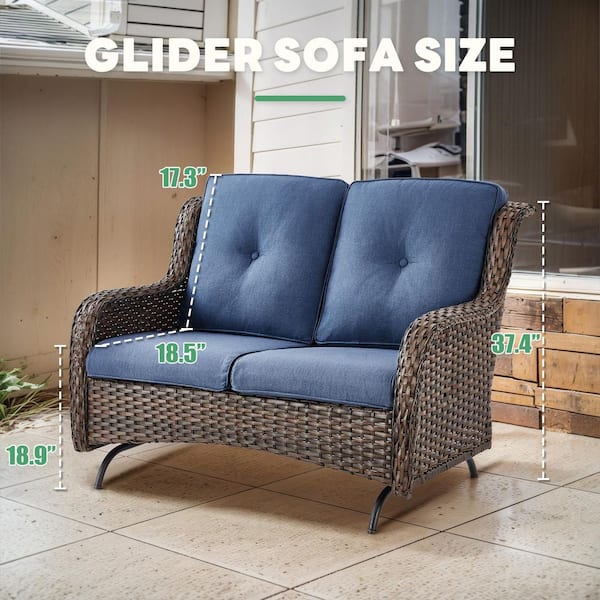 2-Person Wicker Outdoor Patio Glider Couch with Deep Seating and Cushions, Suitable for Porch Deck Balcony (Brown/Blue)