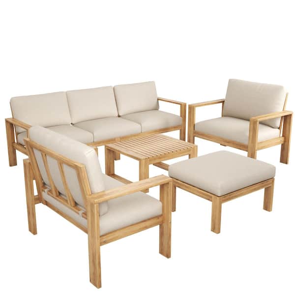 Teak 5-Piece Acacia Wood Outdoor Patio Sectional Set with Light Gray Cushions and Coffee Table