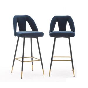 40.8 in. Blue Low Back Metal Frame 29.5 in. Bar Stool with Velvet Seat (Set of 2)