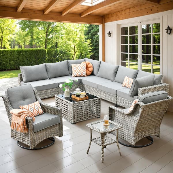 HOOOWOOO Holston 10-Piece Wicker Modern Outdoor Patio Conversation Sofa Sectional Set with Swivel Chairs and Dark Grey Cushions