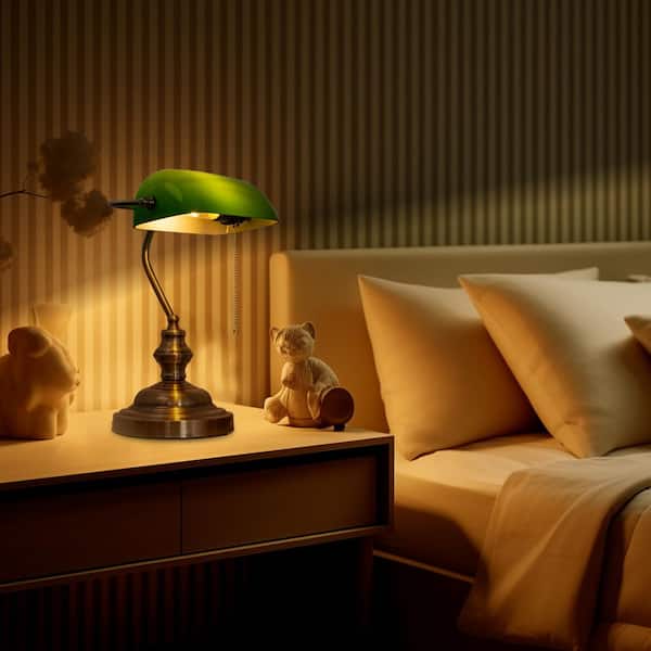 14 in. Vintage Retro Metal Table Lamp with Green Glass Shade, E26 Base for Bedroom, Living Room, and Dining