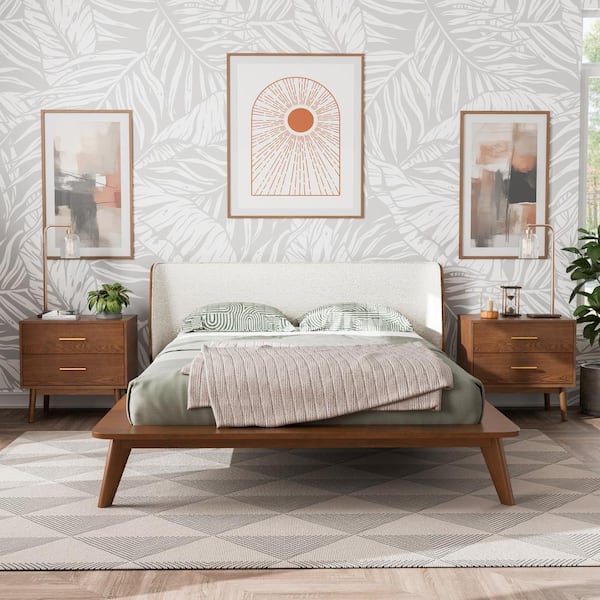 Furniture of America 3-Piece Riverstone Mid Century Boucle Walnut Wood Queen Platform Bedroom Set with 2 Nightstands